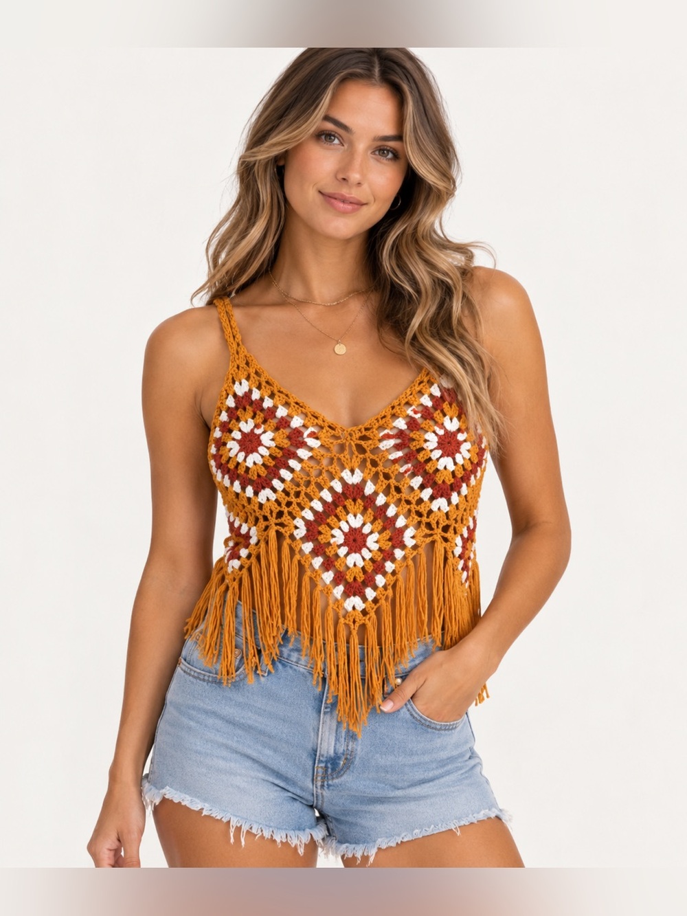 Vivid BOHO hippie Crochet Fringe Crop Top in Mustard, White & Rust medium